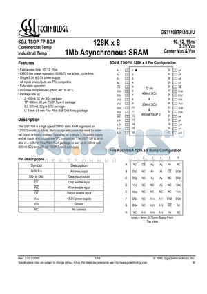 GS71108U-15I datasheet - 128K x 8 1Mb Asynchronous SRAM