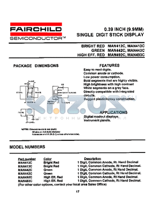 MAN413C datasheet - 0.39 INCH (9.9MM) SINGLE DIGIT STICK DISPLAY