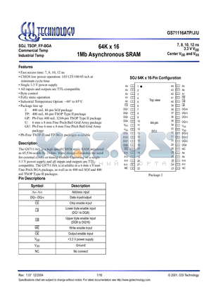GS71116AGP-10I datasheet - 1Mb Asynchronous SRAM