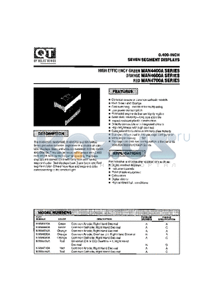 MAN4705A datasheet - 0.400-INCH SEVEN SEGMENT DISPLAYS