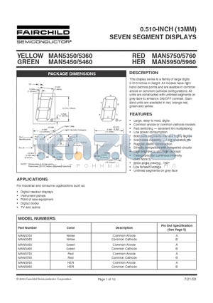 MAN5760 datasheet - 0.510-INCH (13MM) SEVEN SEGMENT DISPLAYS