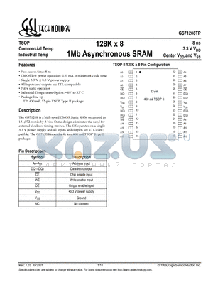 GS71208TP-8 datasheet - 128K x 8 1Mb Asynchronous SRAM