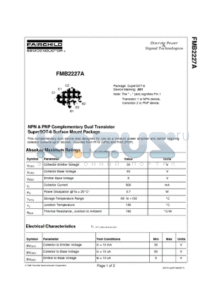 FMB2227A datasheet - NPN & PNP Complementary Dual Transistor SuperSOT-6 Surface Mount Package