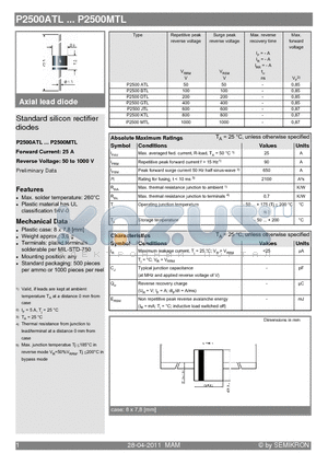 P2500ATL datasheet - Standard silicon rectifier diodes
