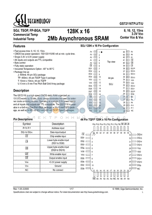 GS72116T-10I datasheet - 128K x 16 2Mb Asynchronous SRAM