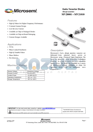 MV21002 datasheet - GaAs Varactor Diodes Abrupt Junction