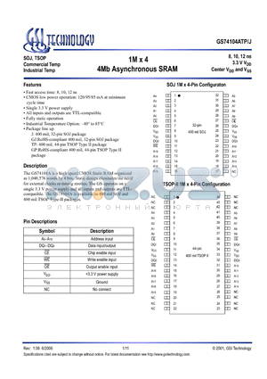 GS74104AGJ-8I datasheet - 1M x 4 4Mb Asynchronous SRAM