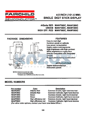 MANF960C datasheet - 4.0 INCH (101.6 MM) SINGLE DIGIT STICK DISPLAY