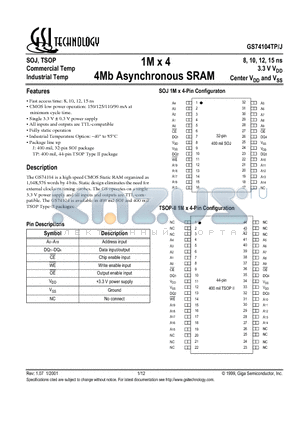 GS74104J-15 datasheet - 1M x 4 4Mb Asynchronous SRAM