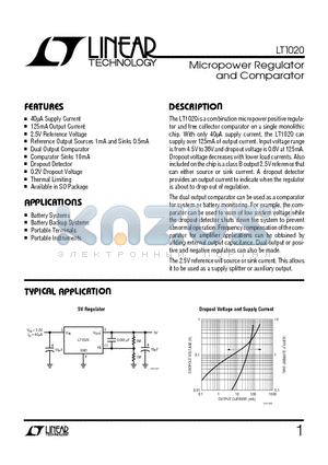 LT1020 datasheet - Micropower Regulator and Comparator