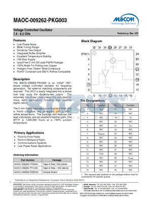 MAOC-009262-PKG003 datasheet - Voltage Controlled Oscillator 7.4 - 8.2 GHz