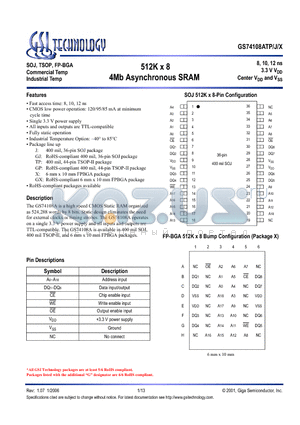 GS74108ATP-12 datasheet - 512K x 8 4Mb Asynchronous SRAM