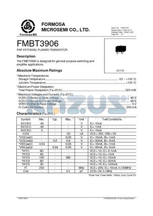 FMBT3906 datasheet - PNP EPITAXIAL PLANAR TRANSISTOR