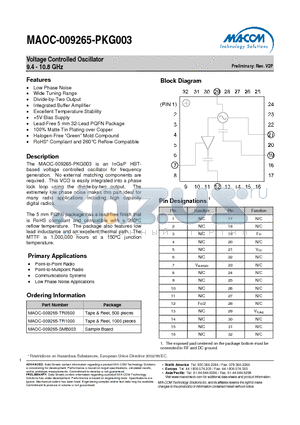 MAOC-009265-PKG003 datasheet - Voltage Controlled Oscillator 9.4 - 10.8 GHz