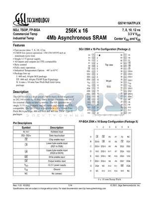 GS74116AJ-12 datasheet - 256K x 16 4Mb Asynchronous SRAM