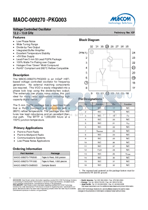 MAOC-009270-PKG003 datasheet - Voltage Controlled Oscillator 12.2 - 13.8 GHz