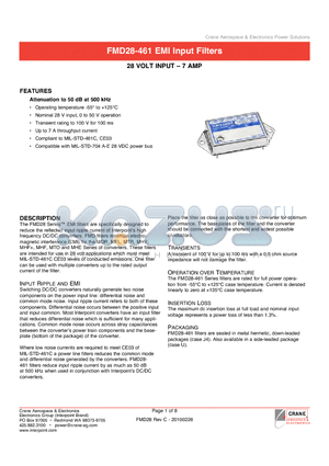 FMD28-461 datasheet - Attenuation to 50 dB at 500 kHz Up to 7 A throughput current