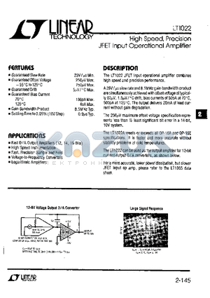 LT1022ACH datasheet - High Speed, Precision JFET Input Operational Amplifier