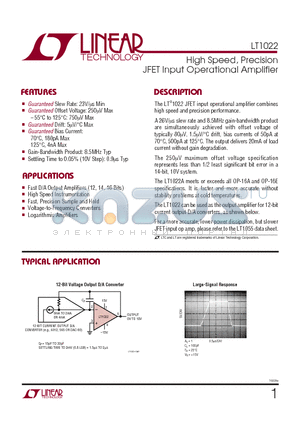 LT1022ACH datasheet - High Speed, Precision JFET Input Operational Amplifier