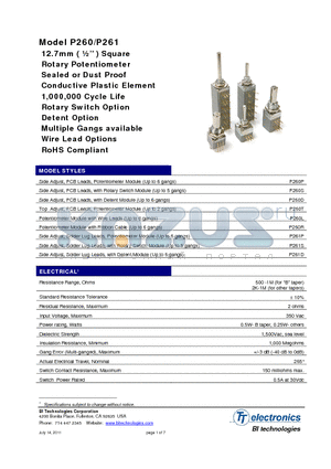 P260 datasheet - 12.7mm ( 1/2 ) Square Rotary Potentiometer Sealed or Dust Proof Conductive Plastic Element 1,000