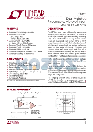 LT1024ACN datasheet - Dual, Matched Picoampere, Microvolt Input, Low Noise Op Amp