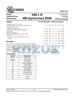 GS74117AX-10 datasheet - 256K x 16 4Mb Asynchronous SRAM