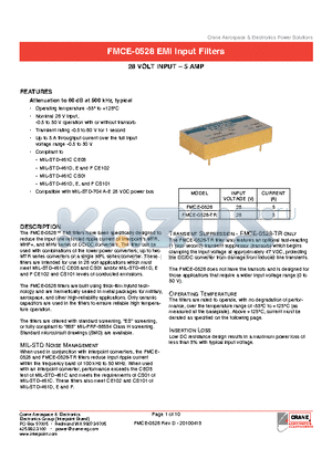 FMCE-0528-TR datasheet - Attenuation to 60 dB at 500 kHz, typical Operating temperature -55` to 125`C