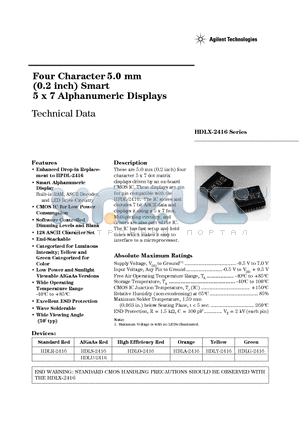 HDLR-2416 datasheet - Four Character 5.0 mm (0.2 inch) Smart 5 x 7 Alphanumeric Displays