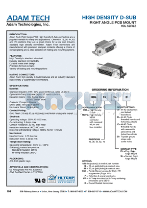 HDL78SLD datasheet - HIGH DENSITY D-SUB RIGHT ANGLE PCB MOUNT