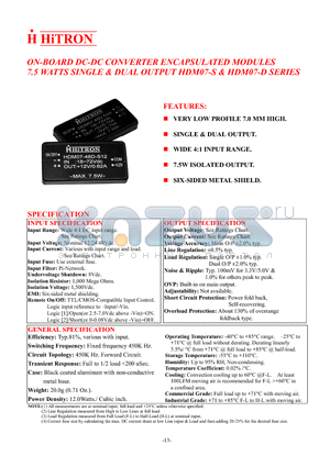 HDM07-24D-D12 datasheet - ON-BOARD DC-DC CONVERTER ENCAPSULATED MODULES 7.5WATTS SINGLE & DUAL OUTPUT