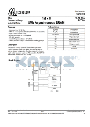 GS78108B-15I datasheet - 1M x 8 8Mb Asynchronous SRAM