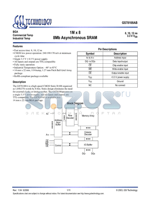 GS78108AGB-15I datasheet - 1M x 8 8Mb Asynchronous SRAM
