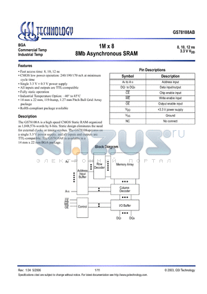 GS78108AGB-10I datasheet - 1M x 8 8Mb Asynchronous SRAM