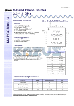 MAPCGM0003 datasheet - S-Band Phase Shifter 2.3-4.1 GHz