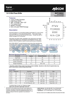 MAPCGM0001 datasheet - 1.0-1.9 GHz Phase Shifter