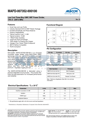 MAPD-007352-000100 datasheet - Low Cost Three-Way GMIC SMT Power Divider, 1761.5 - 2047.6 MHz