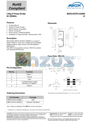 MAPD-007874-C20960 datasheet - 2 Way Power Divider 40-1000MHz