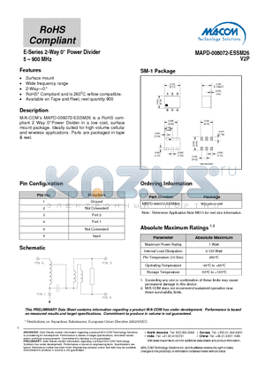 MAPD-008072-ESSM26 datasheet - E-Series 2-Way Power Divider 5 - 900 MHz