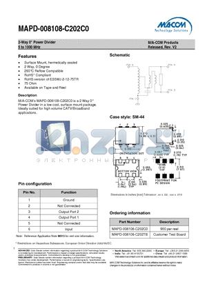 MAPD-008108-C202C0 datasheet - 2-Way Power Divider 5 to 1000 MHz