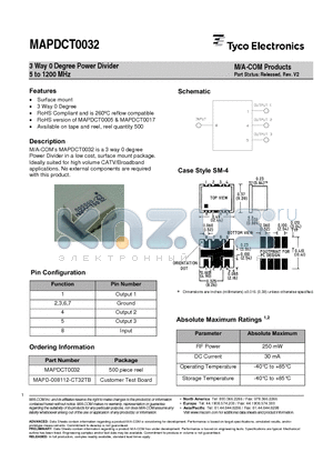 MAPD-008112-CT32TB datasheet - 3 Way 0 Degree Power Divider 5 to 1200 MHz