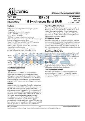 GS81032AQ-138I datasheet - 32K x 32 1M Synchronous Burst SRAM