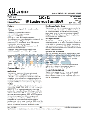 GS81032AQ-5I datasheet - 32K x 32 1M Synchronous Burst SRAM