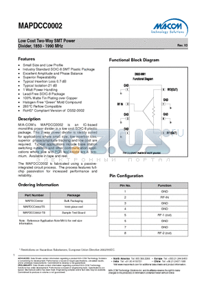 MAPDCC0002 datasheet - Low Cost Two-Way SMT Power Divider, 1850 - 1990 MHz