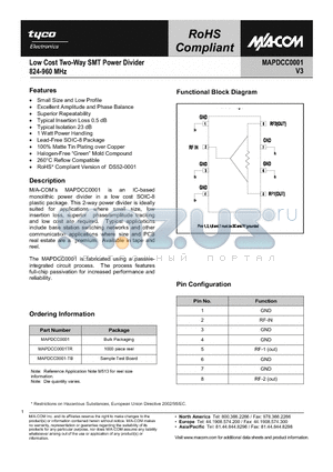 MAPDCC0001TR datasheet - Low Cost Two-Way SMT Power Divider