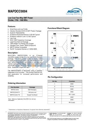 MAPDCC0004-TB datasheet - Low Cost Two-Way SMT Power Divider, 1700 - 1900 MHz