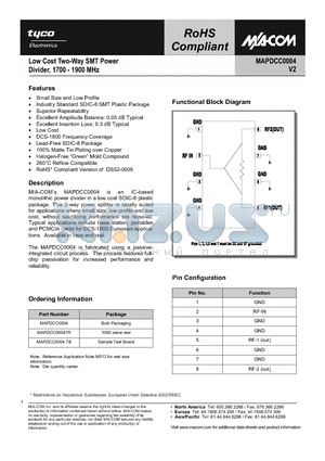 MAPDCC0004 datasheet - Low Cost Two-Way SMT Power Dvider, 1700-1900 MHz