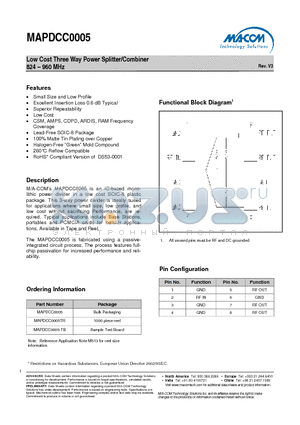 MAPDCC0005TR datasheet - Low Cost Three Way Power Splitter/Combiner 824 - 960 MHz