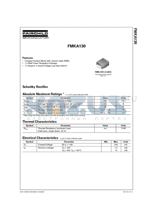 FMKA130 datasheet - 1.2 Watt Power Dissipation Package 1.0 Ampere, Forward Voltage Less than 600mV