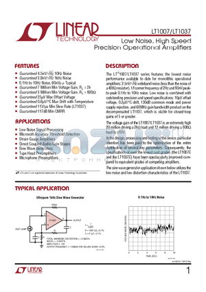 LT1037 datasheet - Low Noise, High Speed Precision Operational Amplifiers