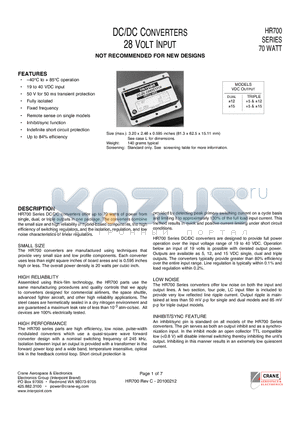 HR700 datasheet - 40`C to  85`C operation 50 V for 50 ms transient protection